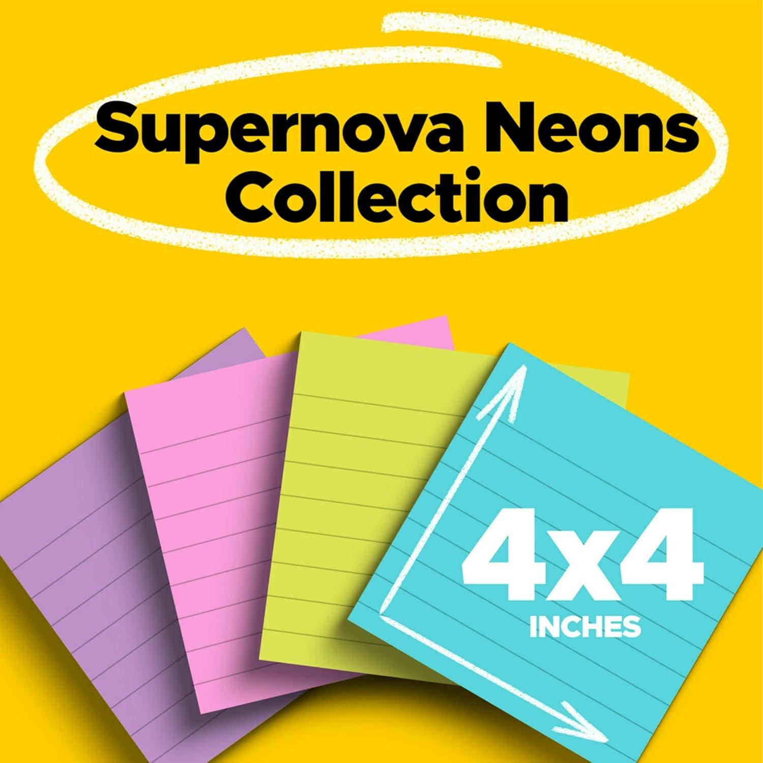 imagePostit Super Sticky Notes 4x4 in 4 Pads 2X The Sticking Power Supernova Neons Bright Colors Recyclable 6754SSMIASupernova Neons
