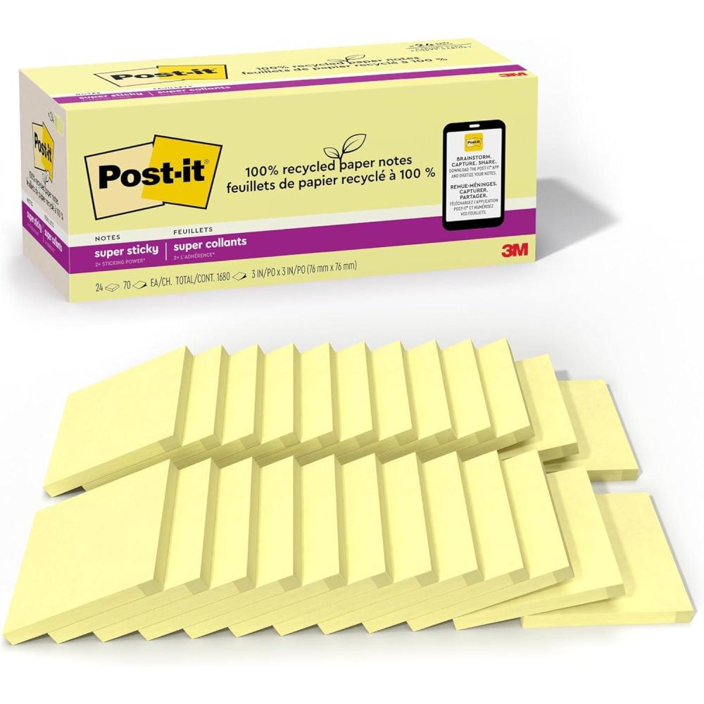 imagePostit 100 Recycled Paper Super Sticky Notes 2X The Sticking Power 3x3 in 24 PadsPack 70 SheetsPad Wanderlust Pastels Collection 654R24SSNRPCPCanary Yellow