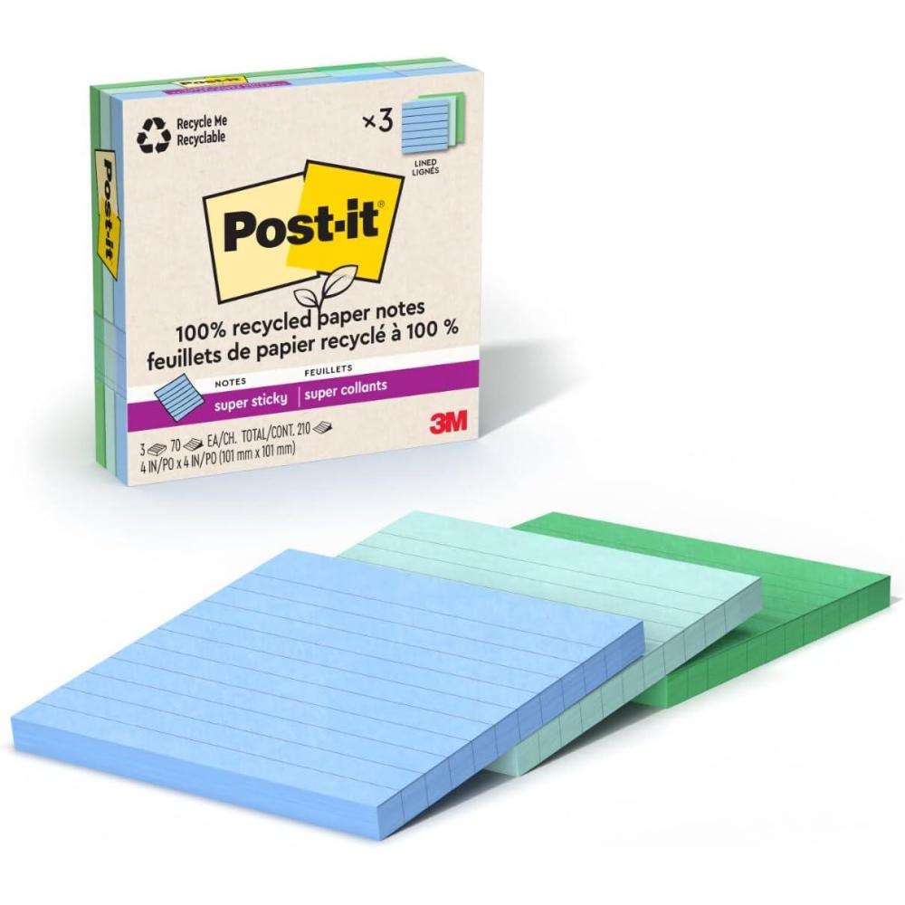 imagePostit 100 Recycled Paper Super Sticky Notes 2X The Sticking Power 4x4 in Lined 3 Pads 70 SheetsPad Wanderlust Pastels Collection 675R3SSNRPOasis