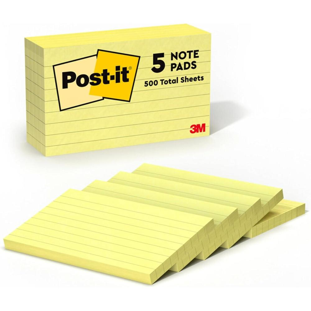 imagePostit Notes 3 in x 5 in 5 Lined Sticky Notes Pads 100 Sheets per Pad Canary Yellow The Original Postit Note School Supplies and Oce ProductsCanary Yellow