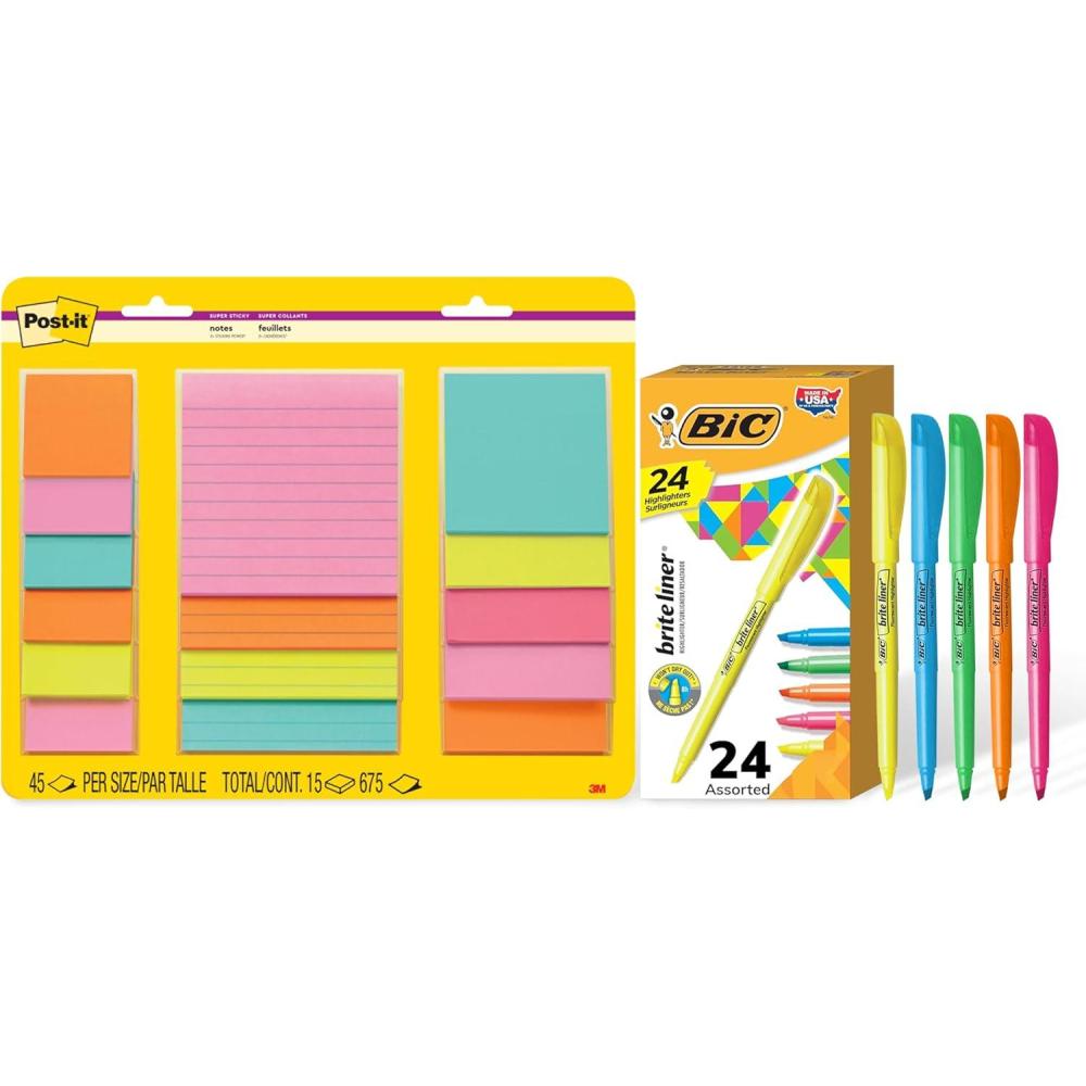 imagePostit Super Sticky Lined Notes 15 Sticky Note Pads MultiSize and BIC Brite Liner Highlighters Chisel Tip 24Count Pack Ideal for Organizing and Coloring School and Office Supplies