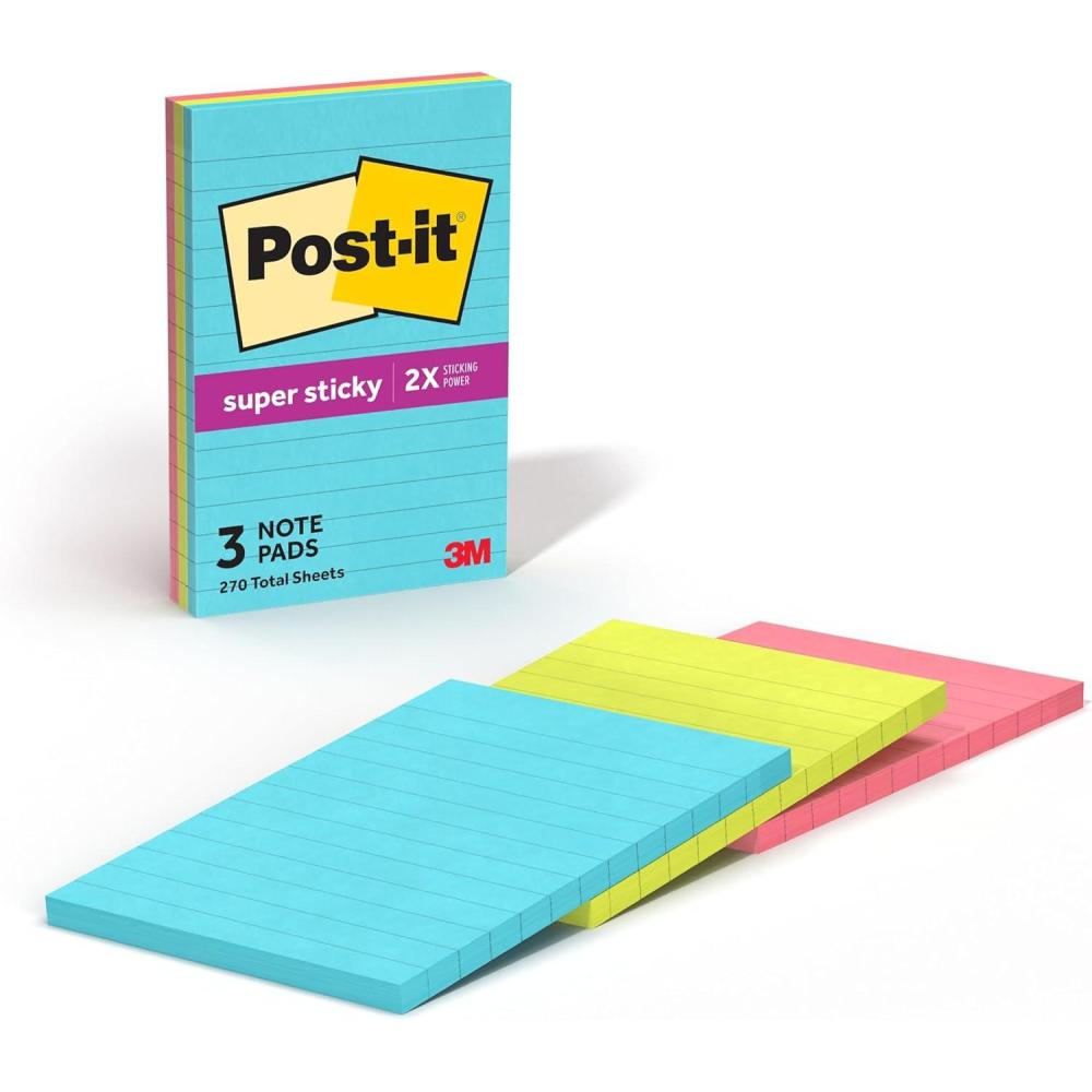imagePostit Super Sticky Lined Notes 3 Sticky Note Pads 4 x 6 in School Supplies for Students Ideal for Textbooks Notebooks Walls and Vertical Surfaces Supernova Neons Collection