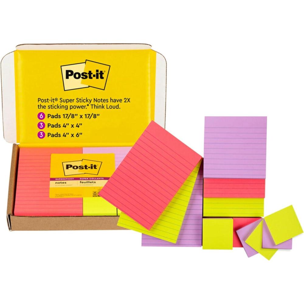 imagePostit Super Sticky Notes Bright Color Collection Pink Purple Green 12 PadsPack 90 SheetsPad Assorted Sizes 464212SSMX12Pads