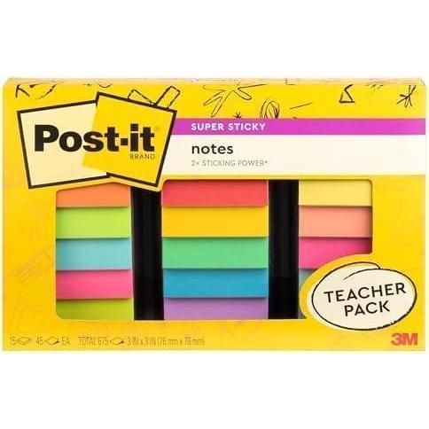 imagePostit Super Sticky Notes Teacher Pack Assorted Colors 3 in x 3 in 15 PadsPack 45 SheetsPad 65415SSBTSSR119 x 79 Pack of 6