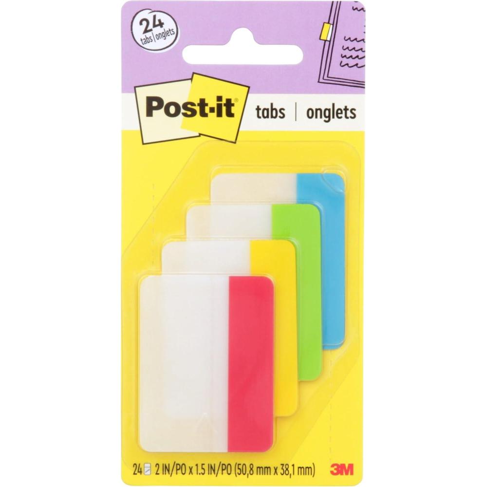 Solid Color Assorted Size Post-it Tabs, 2 in, Solid, Assorted Primary Colors, 6 Tabs/Color, 4 ...