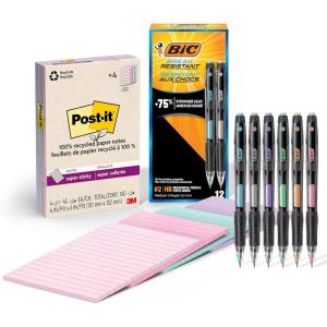 BIC Break Resistant Mechanical Pencils with Erasers, No. 2 Medium Point, 12-Count Pack and Post-it 100% Recycled Paper Super Sticky Notes, Lined, 4 in. x 6 in., 4 Pads, 45 Sheets per Pad(Bundle Pack: Break-Resistant and Post-it)