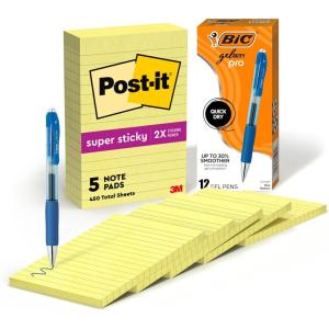 BIC Gelocity Pro Blue Gel Pens, Medium Point (0.7 mm), 12-Count Pack and Post-It Super Sticky Notes, 4 in x 6 in, Canary Yellow, Lined, 5 Pads/Pack, 90 Sheets/Pad, School and Office Supplies