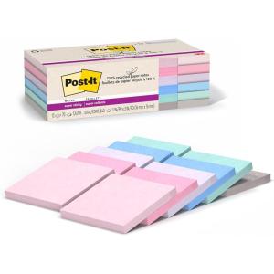 Post-it 100% Recycled Paper Super Sticky Notes, 2X The Sticking Power, 3×3 in, 12 Pads/Pack, 70 Sheets/Pad, Canary Yellow (654R-12SSCY)(Wanderlust Pastels)
