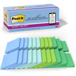Post-it 100% Recycled Paper Super Sticky Notes, 2X The Sticking Power, 3×3 in, 24 Pads/Pack, 70 Sheets/Pad, Wanderlust Pastels Collection (654R-24SSNRPCP)(Oasis)