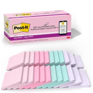 Post-it 100% Recycled Paper Super Sticky Notes, 2X The Sticking Power, 3×3 in, 24 Pads/Pack, 70 Sheets/Pad, Wanderlust Pastels Collection (654R-24SSNRPCP)(Wanderlust Pastels)