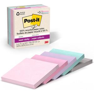 Post-it 100% Recycled Paper Super Sticky Notes, 2X The Sticking Power, 3×3 in, 5 Pads, 70 Sheets/Pad, Oasis Collection (654R-5SST)(Orchid Frost  Fresh Mint  Washed Denim  Pebble Gray  Pink Salt)