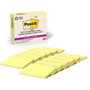 Post-it 100% Recycled Paper Super Sticky Notes, 2X The Sticking Power, 3×5 in, 12 Pads/Pack, 70 Sheets/Pad, Canary Yellow (655R-12SSCY)(3″ x 5″)
