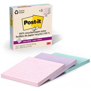 Post-it 100% Recycled Paper Super Sticky Notes, 2X The Sticking Power, 4×4 in, Lined, 3 Pads, 70 Sheets/Pad, Wanderlust Pastels Collection (675R-3SSNRP)(Wanderlust Pastels)
