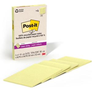 Post-it 100% Recycled Paper Super Sticky Notes, 2X The Sticking Power, 4×6 in, 4 Pads, 45 Sheets/Pad, Oasis Collection (4621R-4SST)(Canary Yellow)