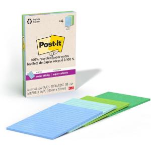 Post-it 100% Recycled Paper Super Sticky Notes, 2X The Sticking Power, 4×6 in, 4 Pads, 45 Sheets/Pad, Oasis Collection (4621R-4SST)(Oasis)