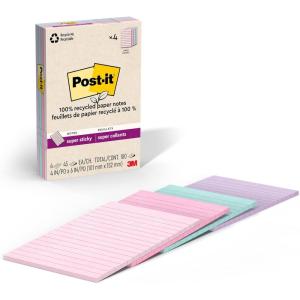 Post-it 100% Recycled Paper Super Sticky Notes, 2X The Sticking Power, 4×6 in, 4 Pads, 45 Sheets/Pad, Oasis Collection (4621R-4SST)(Wanderlust Pastels)