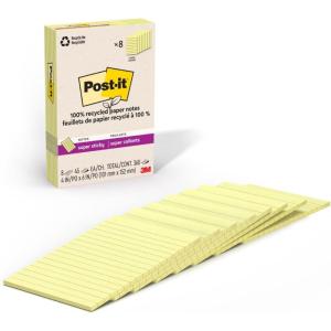 Post-it 100% Recycled Paper Super Sticky Notes, Canary Yellow, Lined, 4 in. x 6 in., 8 Sticky Note Pads, 45 Sheets per Pad, School Supplies and Office Products(Canary Yellow)