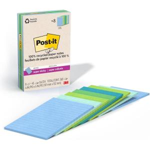 Post-it 100% Recycled Paper Super Sticky Notes, Canary Yellow, Lined, 4 in. x 6 in., 8 Sticky Note Pads, 45 Sheets per Pad, School Supplies and Office Products(Oasis)