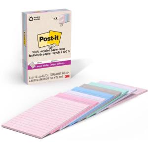 Post-it 100% Recycled Paper Super Sticky Notes, Canary Yellow, Lined, 4 in. x 6 in., 8 Sticky Note Pads, 45 Sheets per Pad, School Supplies and Office Products(Wanderlust Pastels)