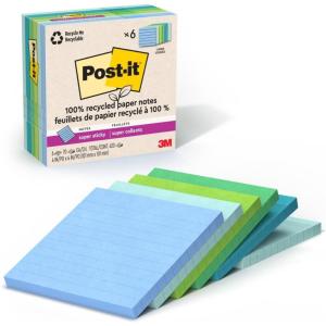 Post-it 100% Recycled Paper Super Sticky Notes, Lined, 4 in. x 4 in., 6 Pads, 70 Sheets per Pad, Wanderlust Pastels, School Supplies and Office Products(Oasis)