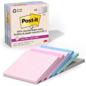 Post-it 100% Recycled Paper Super Sticky Notes, Lined, 4 in. x 4 in., 6 Pads, 70 Sheets per Pad, Wanderlust Pastels, School Supplies and Office Products(Wanderlust Pastels)
