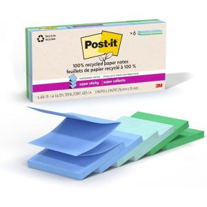 Post-it 100% Recycled Paper Super Sticky Pop-up Notes, 2X The Sticking Power, 3×3 in, 6 Pads, 70 Sheets/Pad, Oasis Collection (R330R-6SST)(3″ x 3″)