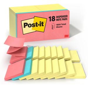 Post-it Dispenser Pop-up Notes, 3×3 in, 18 Pads, Assorted Colors, Clean Removal, Recyclable(3″ x 3″)