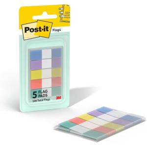 Post-it Flags in Portable Dispenser, 100 Flags/Pack, .47 in x 1.7 in, 20 Each of Red, Bright Orange, Yellow, Green, and Blue (683-5CF)(Pastel Colors)