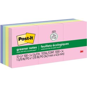 Post-it Greener Notes, 13/8inch*17/8inch, 12 Pads, America’s #1 Favorite Sticky Notes, Sweet Sprinkles, Pastel Colors (Pink, Blue, Mint, Yellow), Clean Removal, 100% Recycled Material (653-RP-A)