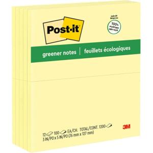 Post-it Greener Notes, 3 in x 5 in, 12 Pads, America’s #1 Favorite Sticky Notes, Canary Yellow, Clean Removal, 100% Recycled Material (655-RP)(2.4″ x 3″ (Pack of 12))