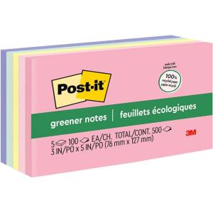 Post-it Greener Notes 3×5 in 5 Pads America’s #1 Favorite Sticky Notes Helsinki Collection Pastel Colors (Pink Blue Mint Yellow) Clean Removal 100% Recycled Material (655-RP-A)
