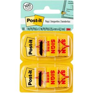 Post-it Message Flags, Sign Here, 50/Dispenser, 2 Dispensers/Pack, 1 in Wide, Yellow (680-SH2)