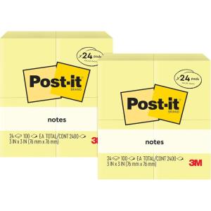 Post-it Notes, 3 in x 3 in, 24 Sticky Notes Pads, 100 Sheets per Pad, The Iconic Canary Yellow Note, School Supplies and Oﬃce Products(24 Pads (Pack of 2))