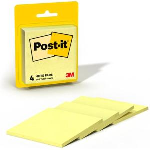 Post-it Notes, 3 in x 3 in, 4 Sticky Notes Pads, 50 Sheets per Pad, The Iconic Canary Yellow Note, School Supplies and Oﬃce Products(0.9″ x 3.8″)