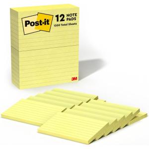 Post-it Notes, 3 in x 5 in, 12 Lined Sticky Notes Pads, 100 Sheets per Pad, Canary Yellow, The Original Post-it Note, School Supplies and Oﬃce Products(10.1″ x 3″)