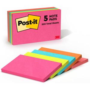 Post-it Notes, 3 in x 5 in, 5 Lined Sticky Notes Pads, 100 Sheets per Pad, Canary Yellow, The Original Post-it Note, School Supplies and Oﬃce Products(Acid Lime  Aqua Splash  Vital Orange  Power Pink  Guava)