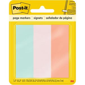 Post-it Page Markers, 1 in x 3 in, Ideal for Temporary Marking and Noting in Books, Assorted Colors, 100 Sheets/Pad, 3 Pads/Pack (5487)(Multi-color)