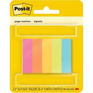 Post-it Page Markers, Assorted Colors, 1/2 in x 2 in, 50 Sheets/Pad, 5 Pads/Pack (670-5AF)
