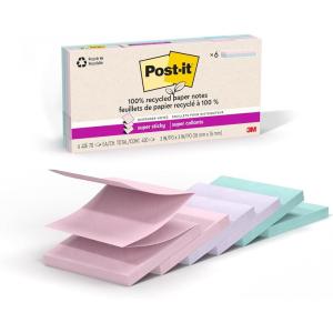 Post-it Super Sticky 100% Recycled Pop-up Notes, 3 in. x 3 in., 70 Sheets, 6 Pads, Wanderlust Collection, School Supplies and Office Products(3″ x 3″)