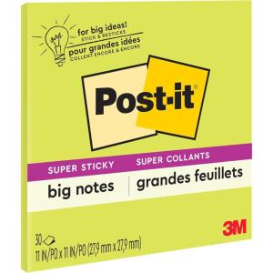 Post-it Super Sticky Big Notes, 11 in x 11 in, 1 Pad, 2X The Sticking Power, Neon Green (BN11G)(0.3″ x 11.1″)