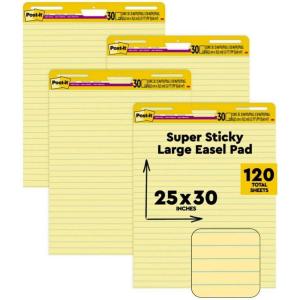Post-it Super Sticky Easel Pad, 25 in x 30 in Sheets, Yellow Paper with Lines, 30 Sheets/Pad, 4 Pads/Pack, Great for Virtual Teachers and Students (561 VAD 4PK)