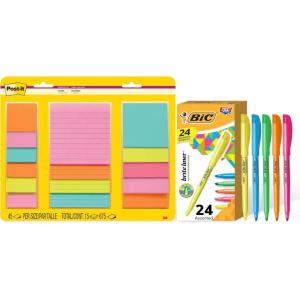 Post-it Super Sticky Lined Notes, 15 Sticky Note Pads, Multi-Size and BIC Brite Liner Highlighters, Chisel Tip, 24-Count Pack, Ideal for Organizing and Coloring, School and Office Supplies