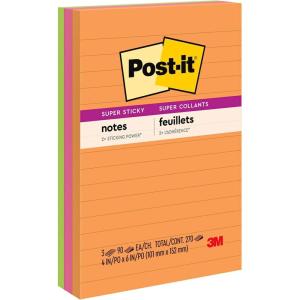 Post-it Super Sticky Lined Notes, 3 Sticky Note Pads, 4 x 6 in., Ideal for Organization in Your Dorm, Home or Office, Energy Boost Collection(6″ x 4″)