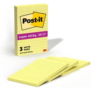 Post-it Super Sticky Lined Notes, 3 Sticky Note Pads, 4 x 6 in., School Supplies, Office Products, Sticky Notes for Vertical Surfaces, Monitors, Walls and Windows, Canary Yellow(1.4″ x 4″)
