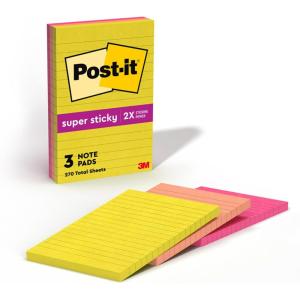 Post-it Super Sticky Lined Notes, 3 Sticky Note Pads, 4 x 6 in., School Supplies, Office Products, Sticky Notes for Vertical Surfaces, Monitors, Walls and Windows, Summer Joy Collection(4 in x 6 in)