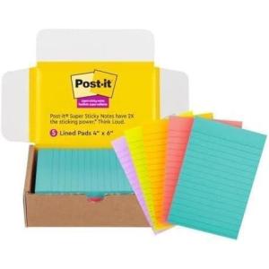 Post-it Super Sticky Lined Notes, 5 Sticky Note Pads, 4×6 in, 2X The Sticking Power, School Supplies, Office Products, Sticky Notes for Vertical Surfaces, Monitors, Walls and Windows, Bright Colors(5-Pads (Pack of 8))