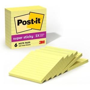 Post-it Super Sticky Lined Notes, 6 Sticky Note Pads, 4 x 4 in., School Supplies, Office Products, Sticky Notes for Vertical Surfaces, Monitors, Walls and Windows, Canary Yellow(4″ x 4″)
