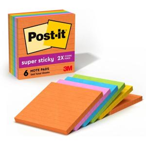 Post-it Super Sticky Lined Notes, 6 Sticky Note Pads, 4 x 4 in., School Supplies, Office Products, Sticky Notes for Vertical Surfaces, Monitors, Walls and Windows, Energy Boost Collection(2.4″ x 4″)