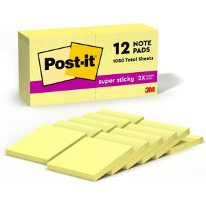 Post-it Super Sticky Notes, 12 Sticky Note Pads, 3 x 3 in., School Supplies, Office Products, Sticky Notes for Vertical Surfaces, Monitors, Walls and Windows, Canary Yellow