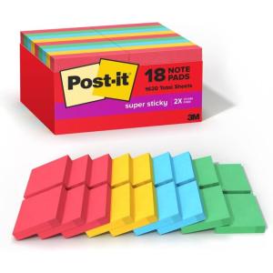 Post-it Super Sticky Notes, 18 Sticky Note Pads, 1 7/8 x 1 7/8 in., School Supplies, Office Products, Sticky Notes for Vertical Surfaces, Monitors, Walls and Windows, Energy Boost Collection(Playful Primaries)